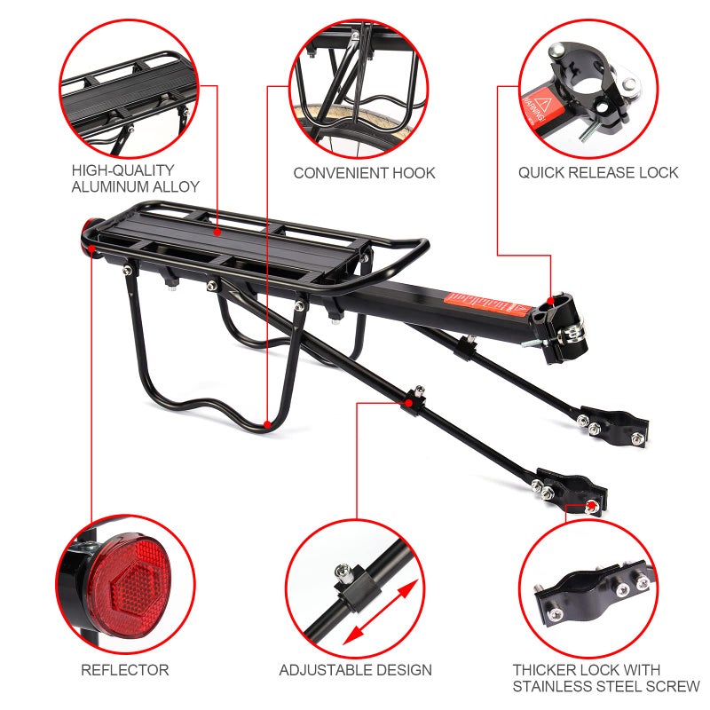 HOMEE Rear Bike Rack, 110 lbs / 50KGS Bike Cargo Racks Frame Aluminum Alloy Universal Adjustable Cycling Equipment Stand Footstock Bicycle Luggage Carrier with Tools and Reflector for 26"-29" Frames - Image 2